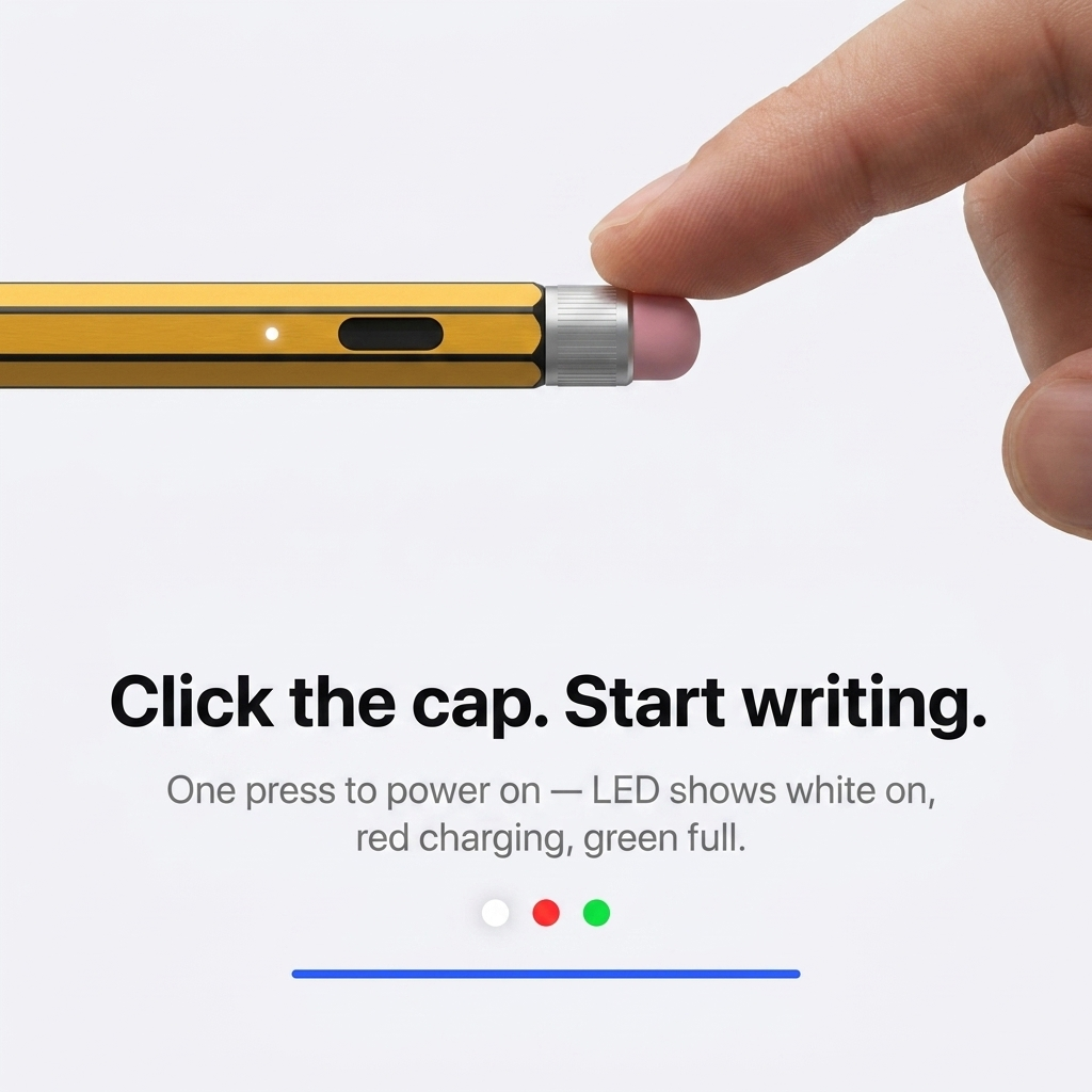 Pen 02 — click the cap to power on, LED status