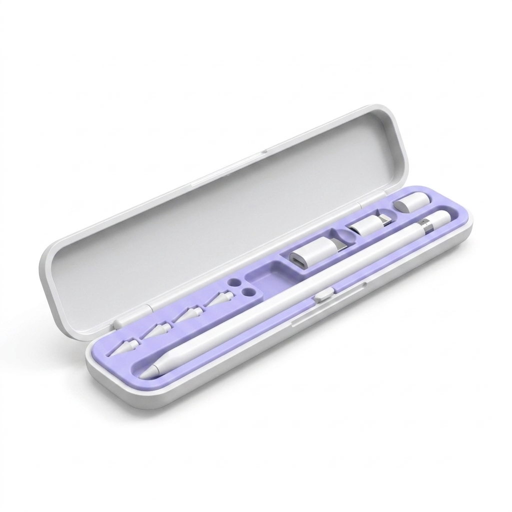 monolyne Case 01 Apple Pencil storage case, lilac interior, open on white