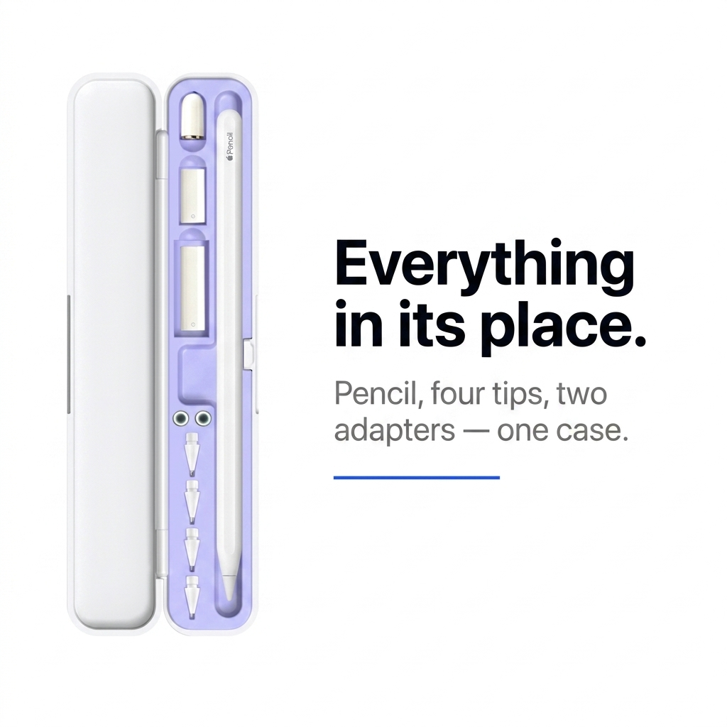 Case 01 — everything in its place: pencil, tips, adapters