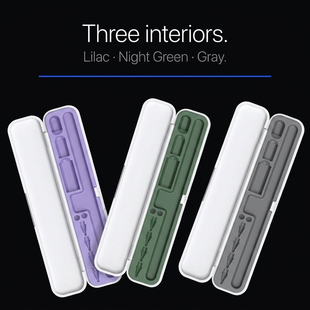 Case 01 — three interior colors: lilac, night green, gray