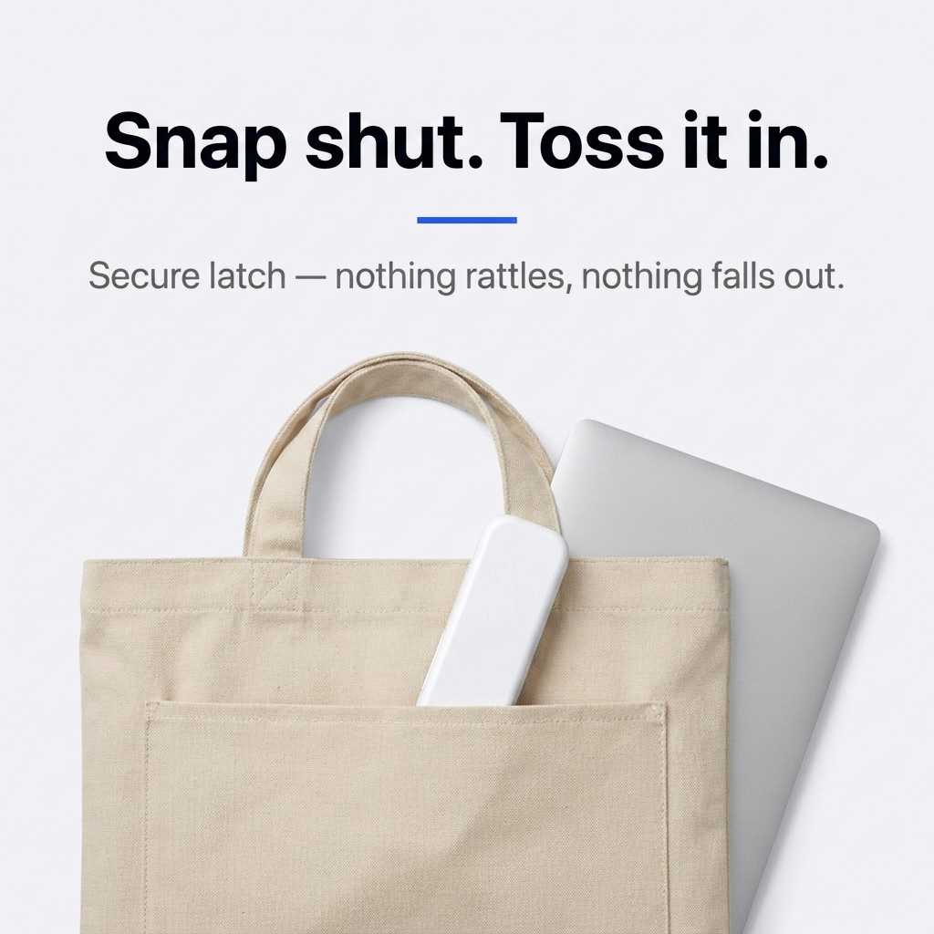 Case 01 — snap-shut latch, bag-ready