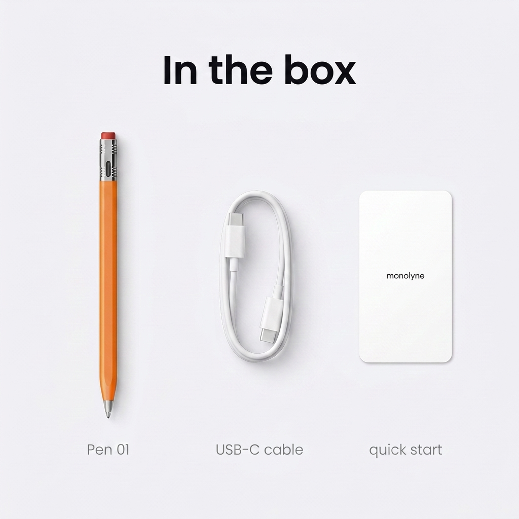 Pen 01 in the box — pen, USB-C cable, quick start guide