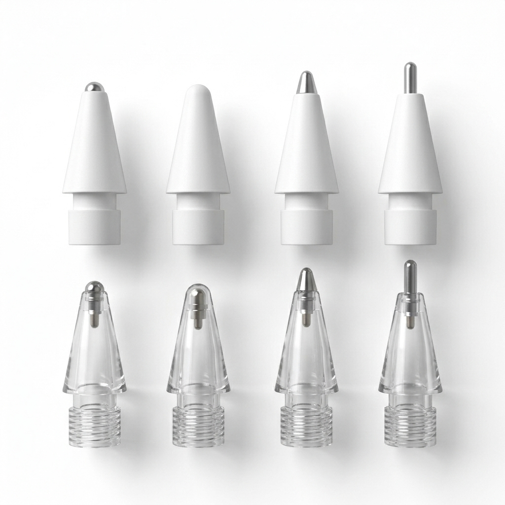 Tips 01 nib families in a grid — white cones and transparent metal-point tips